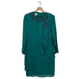 LAST CHANCE Patra Cocktail Green Sequins Tiered Long Sleeve Asymmetrical 14